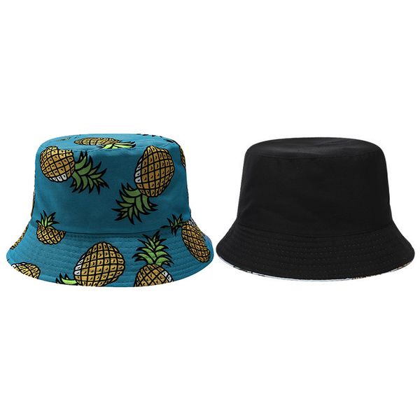

double-sided pineapple printed caps outdoor travel sunccreen foldable bucket hats casual hip hop harajuku fisherman hat#a, Blue;gray
