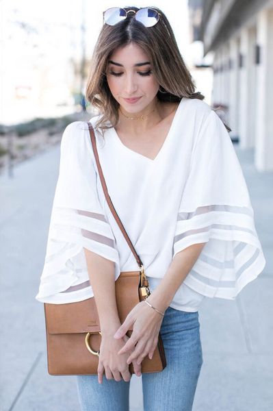 

женские 3/4 белл рукава сетки блузы strappy v neck свободные рубашки лоскутная топы женские повседневные сыпучие tops, White