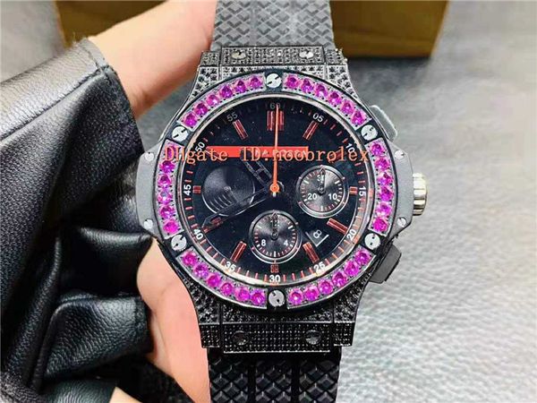 

big bang mens watch swiss 4100 automatic chronograph 28800 vph purple diamond bezel black diamond case sapphire crystal rubber strap, Slivery;brown