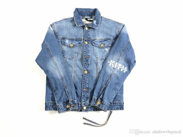 

2019 new kith denim jacket retro hole wash damage men's and women's lapel hole denim clothing s-xl, Black;brown