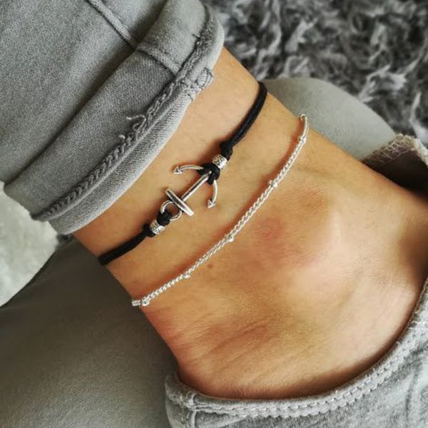 

2018 europe and america accessories handmade retro alloy boat anchor anklet metal bo zhu lian handmade anklet, Red;blue