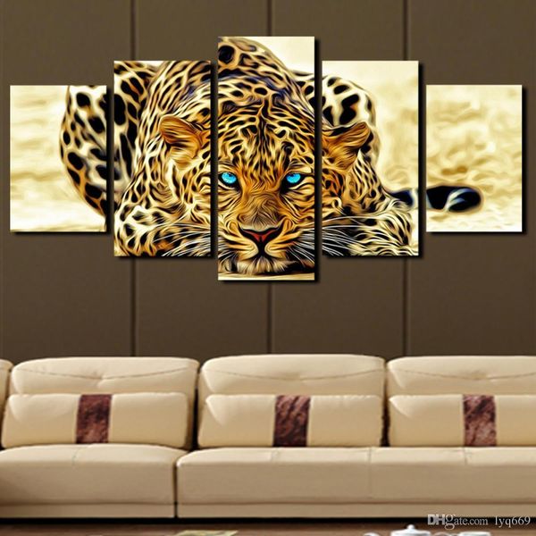 

5 панель leopard живопись холст печать картина домашнее украшение гостиная холст стены искусства изображение --большая на холсте