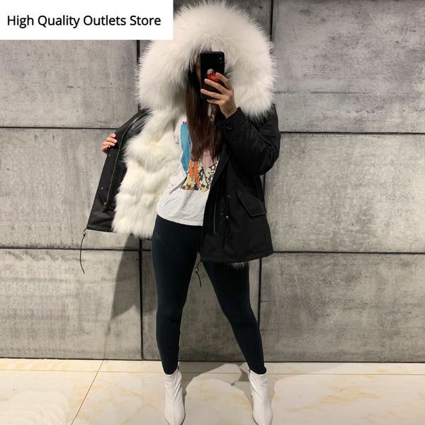

women real fur parka lady natural fur parka lining long, Black