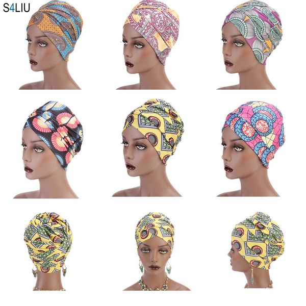 

african cap stretch women fashion muslim beanie skullies cap head cover turban headwear boho chemo hat printed slouch hat, Blue;gray