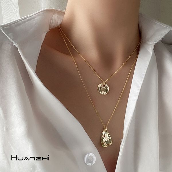 

huanzhi 2020 3pcs/set multi layer hammered gold necklaces circle coin geometric necklaces for women beads chain necklace, Silver
