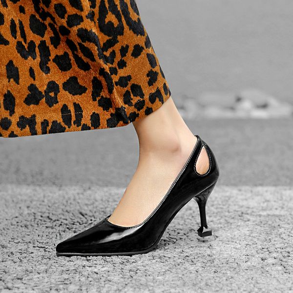 

2019 spring black women heels stiletto hollow shallow pointed toe lady dress office shoes high heel pumps plus size
