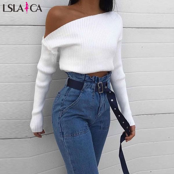 

lslaica women's knitted blouses white skew collar long sleeve casual blouses fashion bottoming elegant slim office blouse