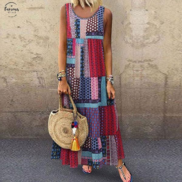 

women summer dress robe vintage boho long dresses o neck sleeveless loose beach dress printed bohemian sundress rn, Black;gray
