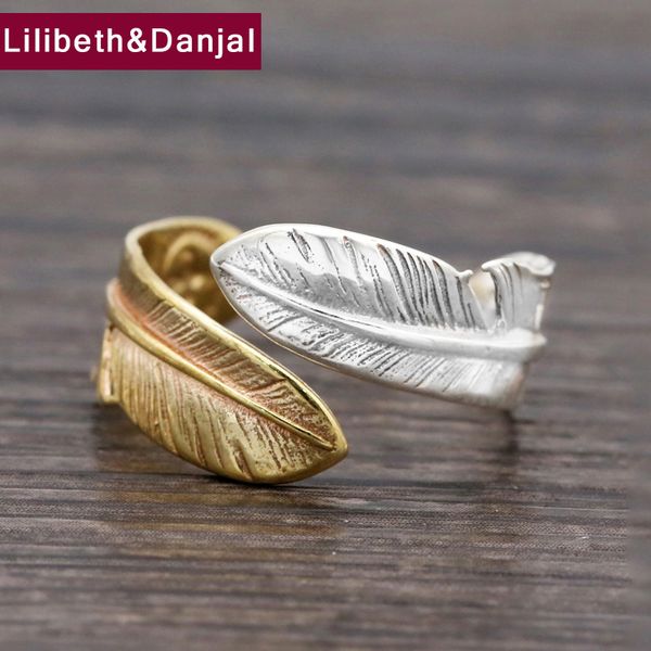 

feather ring 100% real 925 sterling silver ring for men and women ethnic adjustable opening vintage jewelry jewelry zr1, Golden;silver