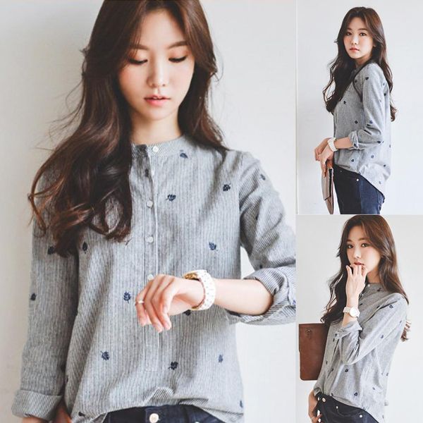 

Women ca ual loo e long leeve embroidery tripe blou e hirt top