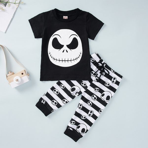 

2019 autumn winter fashion kids clothes toddler kids baby girls boys halloween cartoon print t-shirt+ stripe pant outfit, White