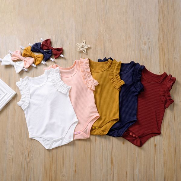 

jumpsuits fashion born baby girls rompers with headband 2pcs ruffles romper summer kids sleeveless jumpsuit ribbed knitted, Blue