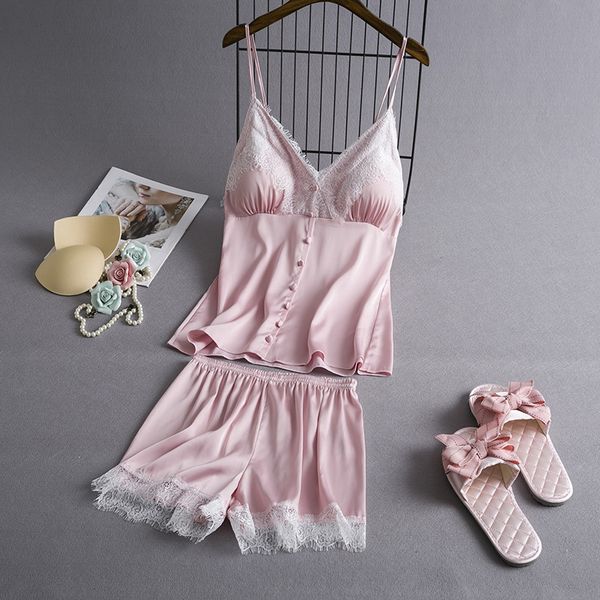 

summer sleepwear for women pajamas set satin pyjama femme lace pajamas with chest pads clothing suit sleepwear, Blue;gray
