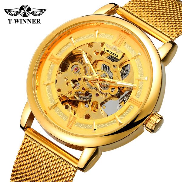 

t-winner men's classic brand casual automatic quality skeleton dial stainless steel bracelet charming wristwatch wrg8173m4, Slivery;brown