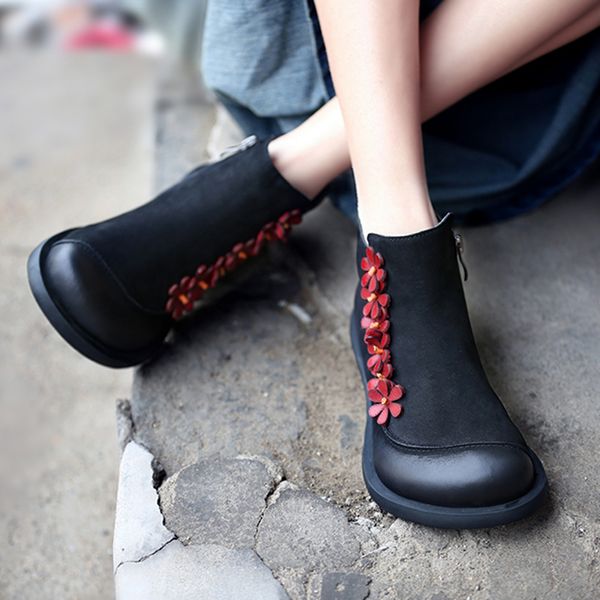 

women flower boots genuine leather coffee low heels winter shoes warm 2018 retro handmade soft leather ankle boots sale, Black