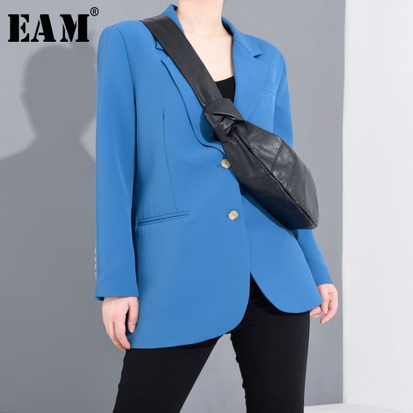 

eam] women blue brief button big size blazer new lapel long sleeve loose fit jacket fashion tide spring autumn 2020 1t28305, White;black