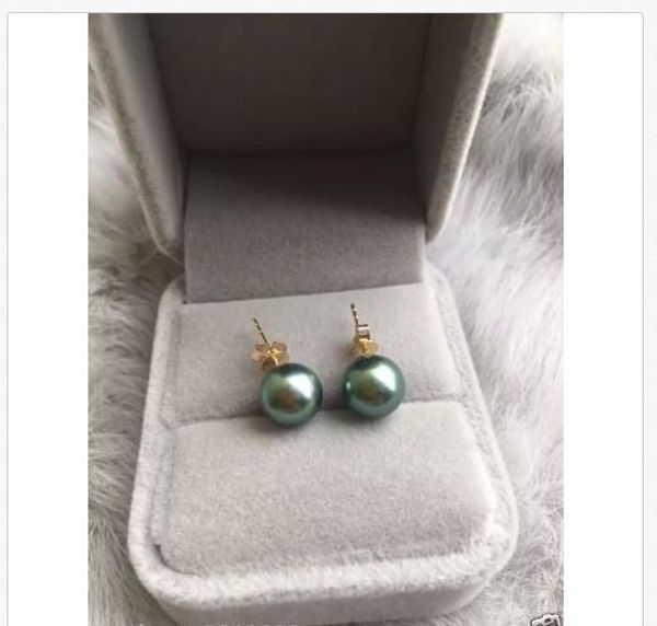 

genuine 9mm real gray south sea pearl earrings 14k solid yellow gold, Golden;silver