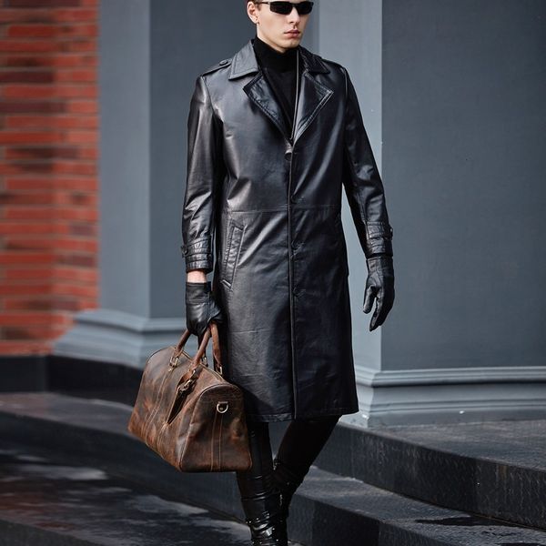 

men genuine leather trench cowhide black long jackets 2020 fashion business casual real leather coats windbreaker