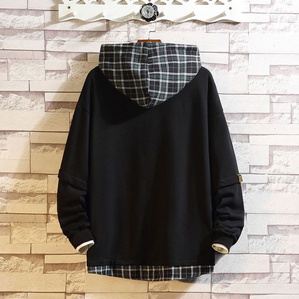 

oversized for autumn with hip hop men's casual fashion plaid patchwork hoodie long sleeves sweatershirt sweatshirt#820, Black