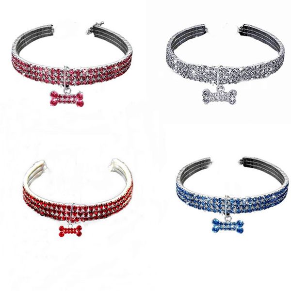 

three rows of bling stretch rhinestone pet dog cat collar crystal puppy collars leash for small medium dogs diamond jewelry accessories s m