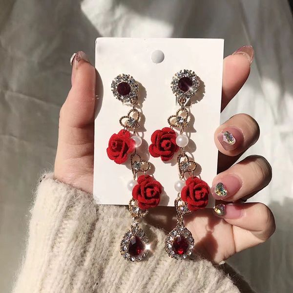

mengjiqiao 2019 korean elegant red rose velvet flower long drop earrings for women shiny crystal water drop statement pendientes, Silver