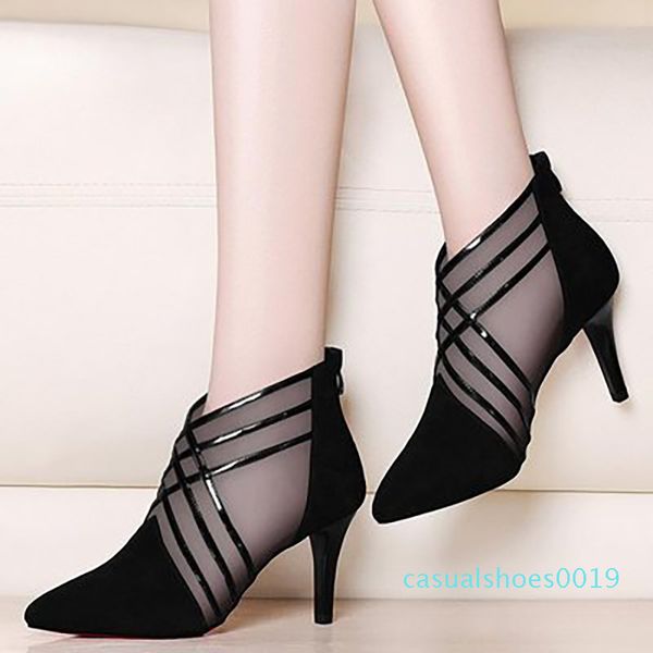 

women mesh ankle boots 2020 high heels woman zip pointed toe ladies fashion elegant female casual women's breathable shoes c19, Black