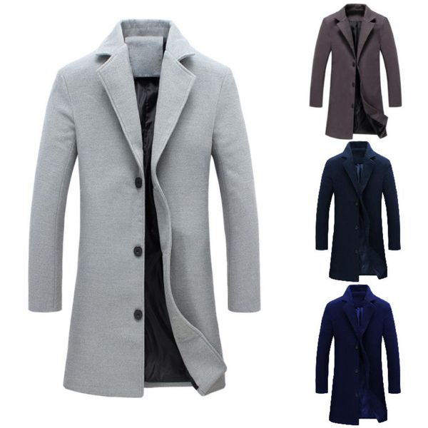 

fashion men winter solid color long woolen coat single breasted jacket overcoat men's solid color jacket with long button wool, Black