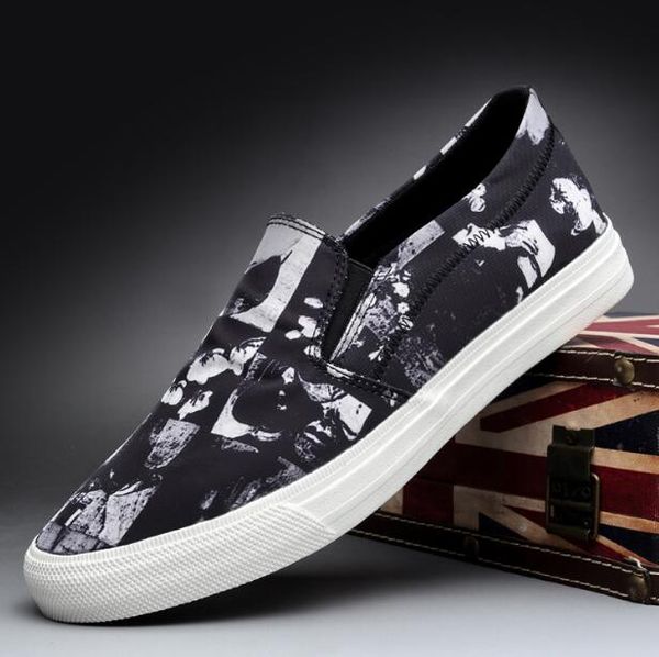 

2020 spring summer new men street fashion slip on print canvas casual shoes man shoes loafers, Black