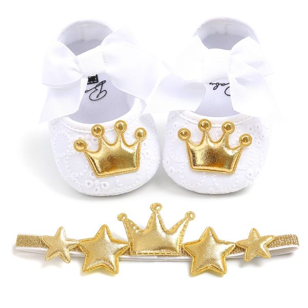 Lovely Newborn Toddler Kids Baby Girl Bow Crown Soft Crib Sole Shoes+Hairband