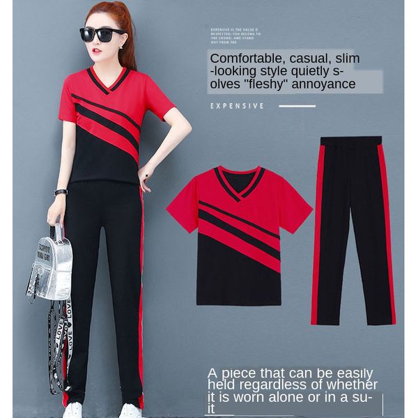 

women plus size two piece sets yoga clothes summer fashion short sleeve 2-piece running leisure suit female stacked sweatpants, White;red
