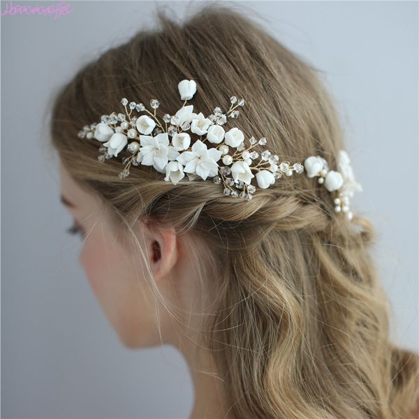 

jonnafe delicate wedding hair jewelry porcelain flower bridal hair comb pins handmade women prom headpiece, Golden;white