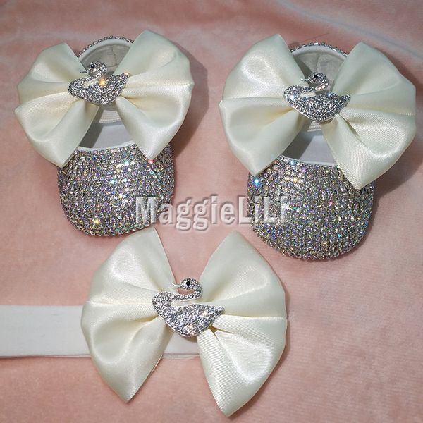 

bowknot custom sparkle bling crystals ab rhinestones baby girls infant 0-1y ribbon shoes first walkers hairband 5276 y190529, Black;red