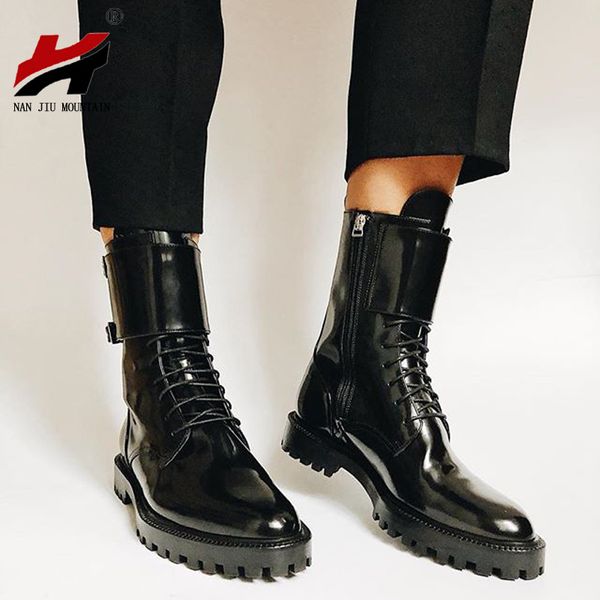 

nan jiu mountain flat women's boots black casual mid tube knight boots spring autumn leather non-slip bottom plus size