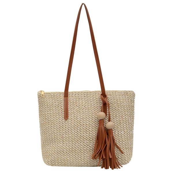 

jhd-women simple straw handbag shoulder bag tassels tote summer beach zipper shopping crossbody fashion travel messenger bag