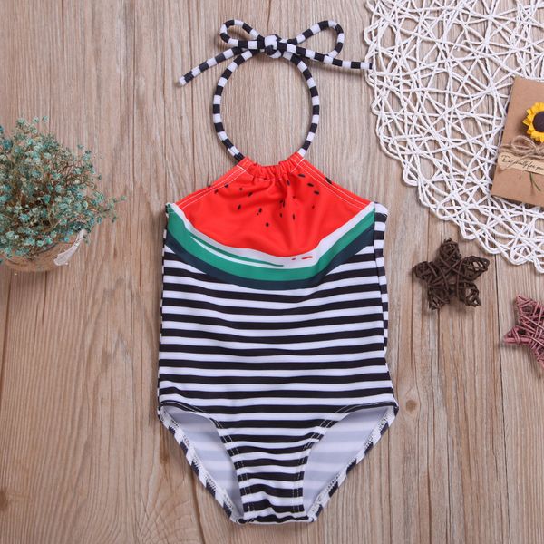 

watermelon striped sling one-piece swimsuit kids baby girls fruit printing bikini set sleeveless beach o-neck lovely swimwear, White