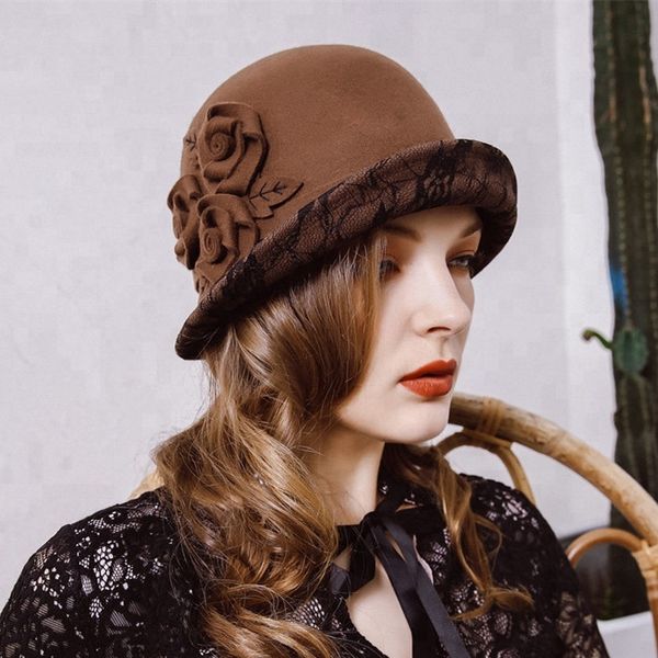 

2020 зима новый цветок и кружева, войлока шерстей теплая шапка для женщин