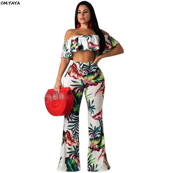 

2019 women summer leaf print off shoulder butterfly sleeve crop wide leg pantss suit two piece set tracksuit glzsc080, White