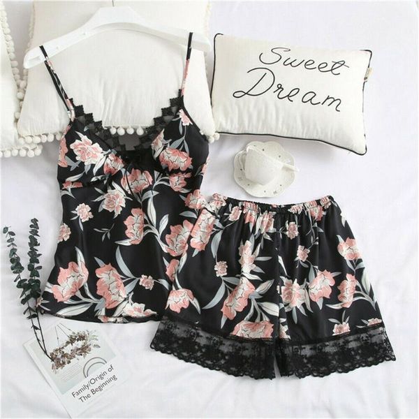 

2020 women sleepwear nightgown satin silk lace floral deep v babydolls femme mujer robes sleep dress pijama set, Red;black