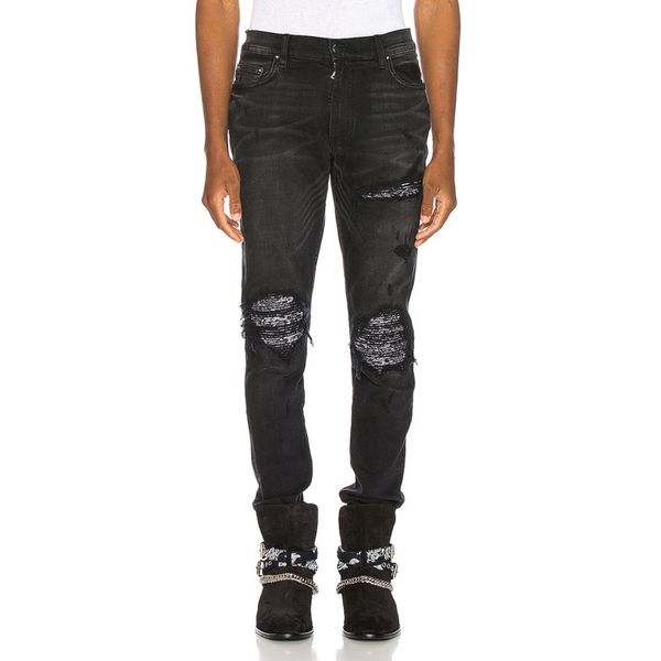 

2020 новая мода high street fashion мужские джинсы амири black hole патч punk стиль тонкий ноги брюки размер 28-40, Blue