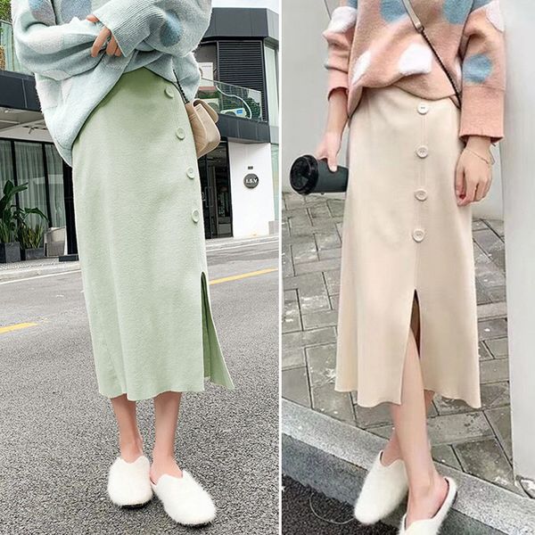 

spring autumn knitted hip skirt split slim solid color high waist mid-calf female korean style preppy skirts, Black