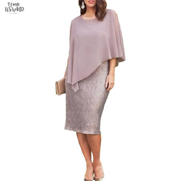 

new fashion elegant women plus size o neck chiffon patchwork double layer midi pencil dress drop shipping, Black;gray
