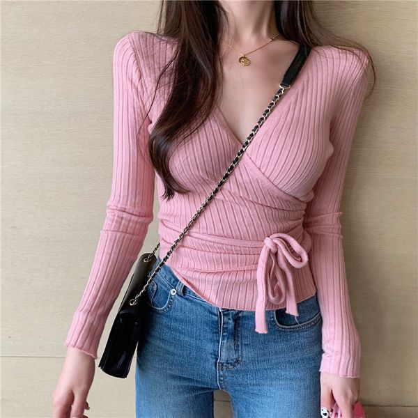 

2019 new fashion v-neck sweater lace tie waist sweater knitted winter women slim long sleeve party, White;black