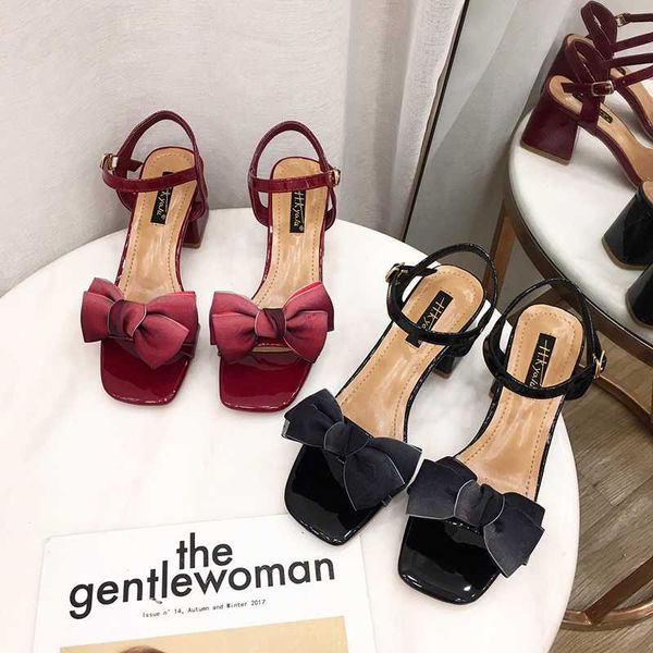 

women sweet bow high heels sandals female thick heel paltform one-strap buckle open toe butterfly zapatos de mujer dress shoes, Black