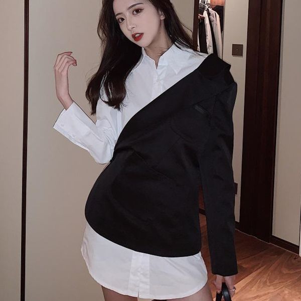 

korea women blazer irregular vintage women blazers jackets asymmetry casual black womens blazers long sleeve suit coat 2020 z010, White;black