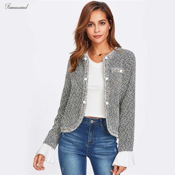 

контраст сборка манжета blazer изогнутых tweed женщина воротника брэстед монтажн офис леди элегантные одной работы blazer, White;black