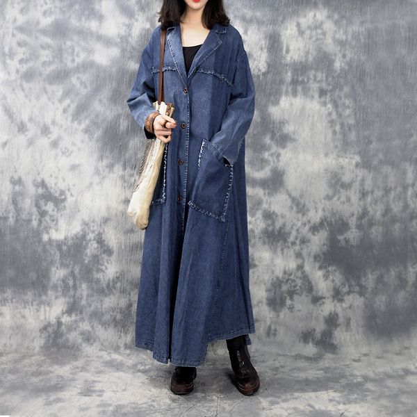 

ewq] 2019 autumn new pattern office lady style full sleeve solid color washed vintage a-line loose lapel collar denim coataf853, Tan;black