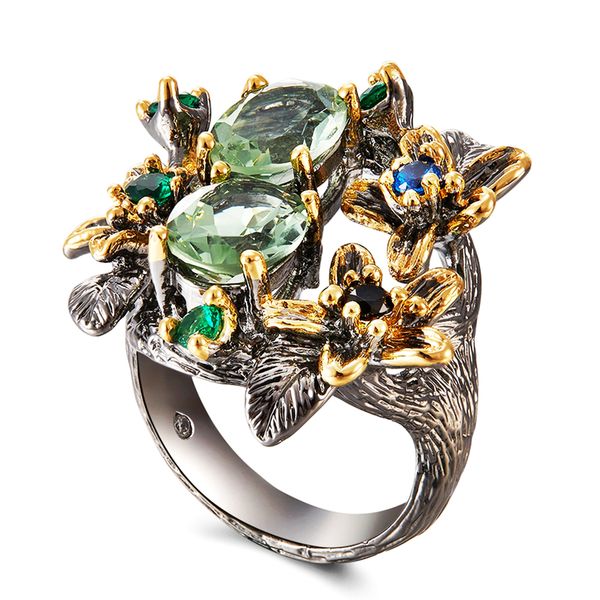

bright olivine crystal cz ring multi color cubic zirconia jewellery leaf flower women's copper jewelry cocktail finger rings, Golden;silver