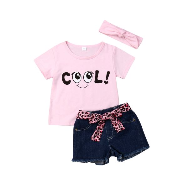 

2019 4Pcs/set Outfit Baby Kids Girls Cotton Pink Cool Printed Tops+ Short+Belt + Bow-knot Headband Summer Kid Girl Clothes Summer Set