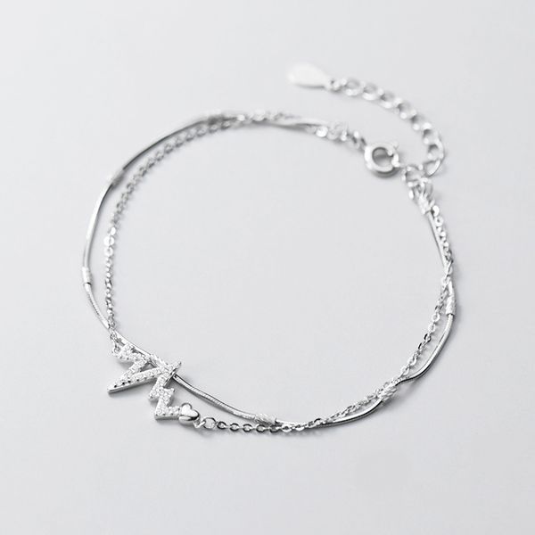 

100% 925 sterling silver double-layer chain zirconia ecg wave pattern bracelet fine jewelry for women daughter party gift, Golden;silver