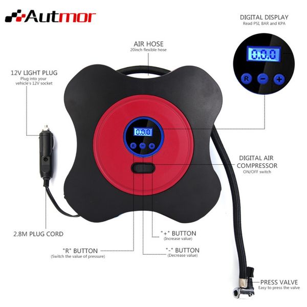 

12v dc air compressor pump, digital tire inflator by 150psi with digital gauge, 3 high-air flow nozzles & adaptors for cars